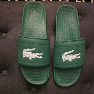 Lacoste Green Slide Sandals with White Croc Emblem